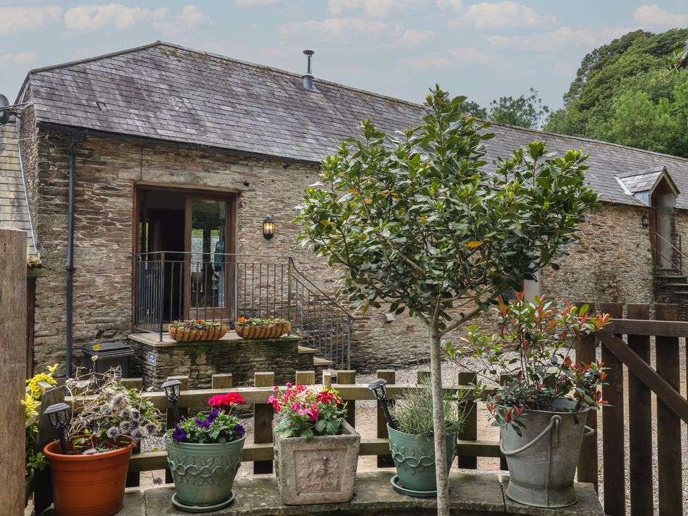 A garden with flower pots and a tree at Mixit Cottage in Kingsbridge