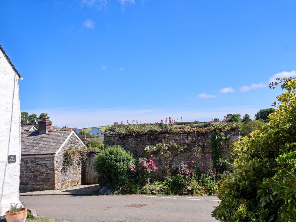 A view of a wall with flowers next to a road at Agar Cottage Trelights, near Port Isaac