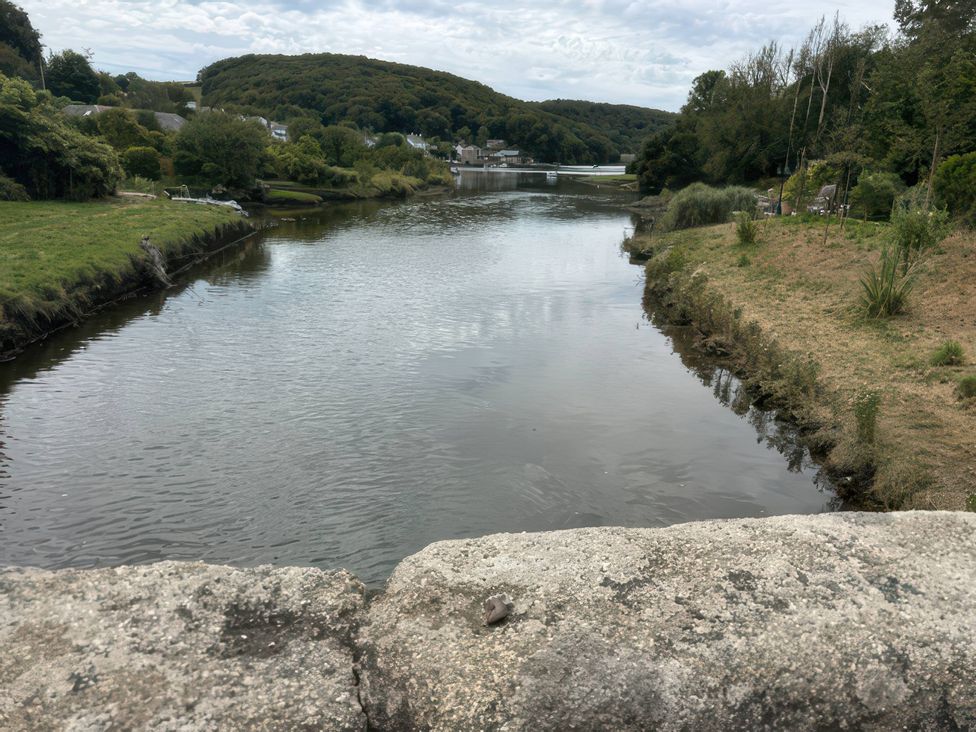 A river surrounded by grass and trees viewed from a bridge at Kingbarth in Lerryn