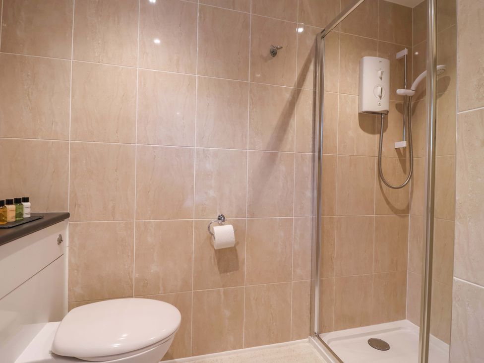 A bathroom with a shower and toilet at Cawsand in Tideford