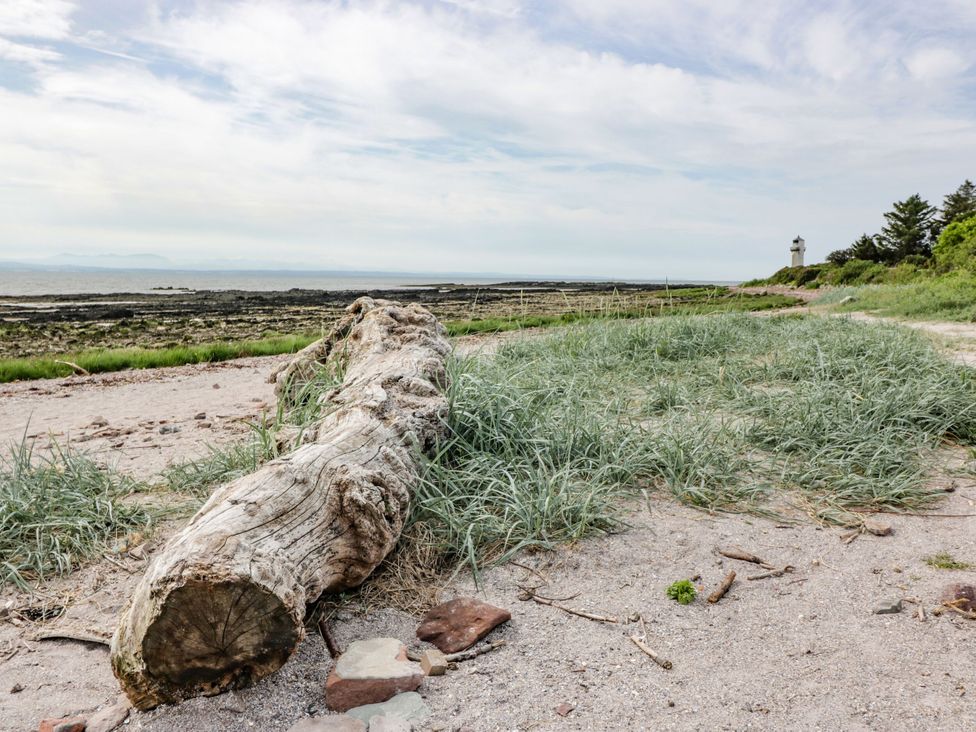 A beach scene with a log and grass near the ocean at Mardan Southerness