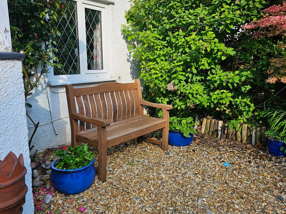 A garden with a wooden bench and plants at Dove Cottage in Llanfair Talhaiarn