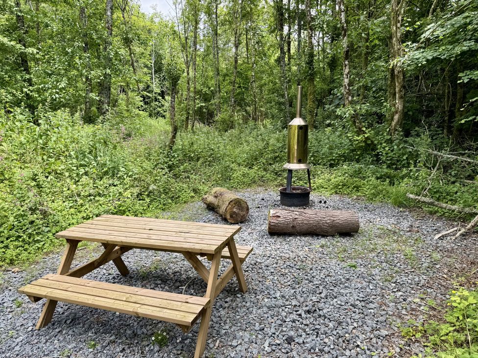 An outdoor area with a picnic table and fire pit surrounded by trees at Willow Lodge in Constantine near Falmouth