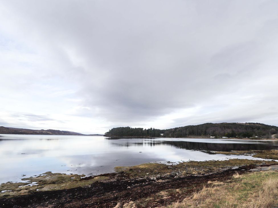 A view of a river with trees and grass at Church House in Poolewe