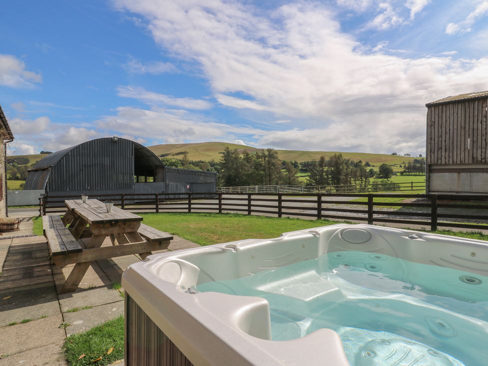 An outdoor area with a hot tub and picnic table at Glanyrafon St Harmon