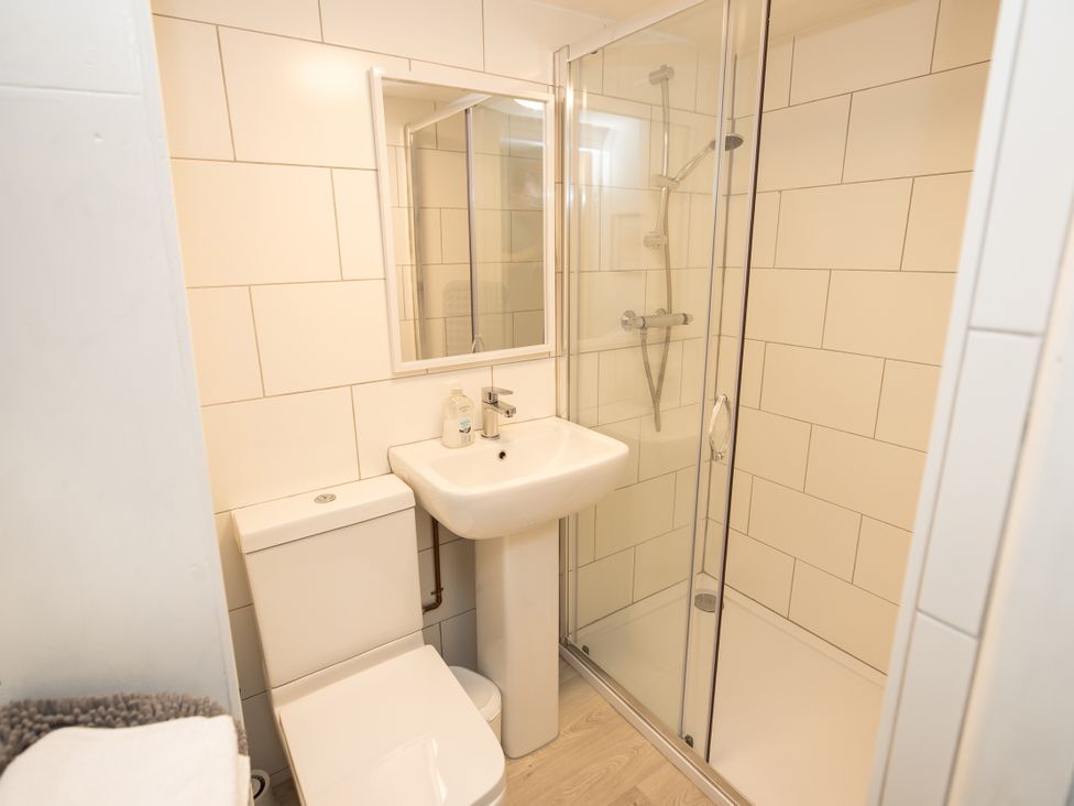 A bathroom with a shower, sink and toilet at The Coach House in Llangollen