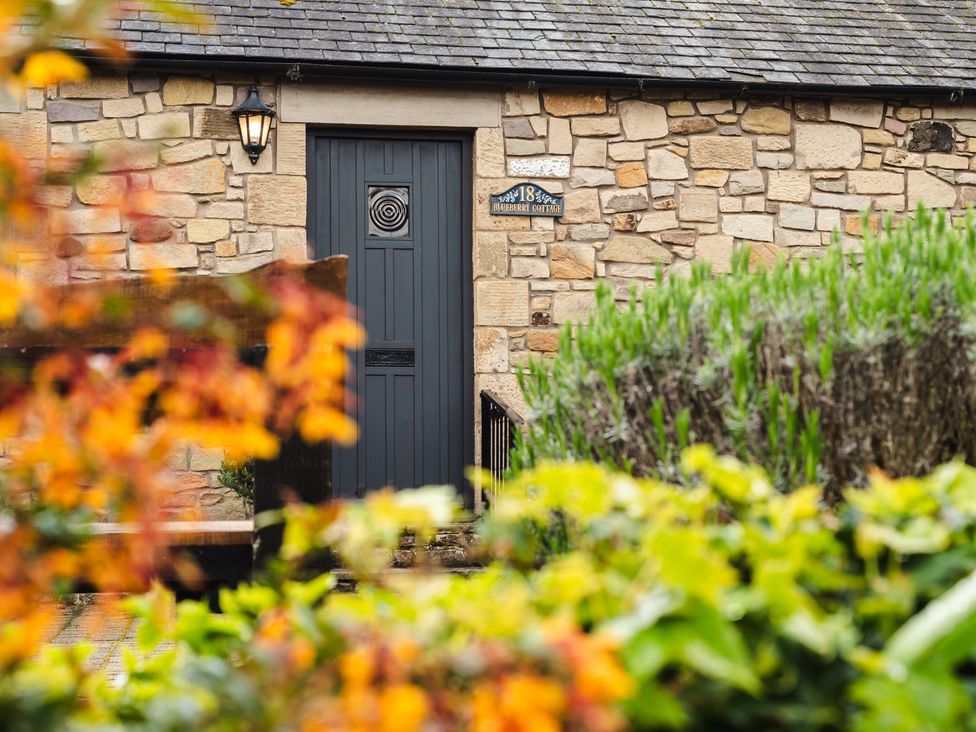 A door with a light fixture and sign at Blueberry Cottage in Akeld near Wooler