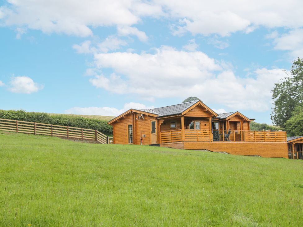 A log cabin with a porch in a field at Manor Farm Lodges - Dragon Lodge Newtown