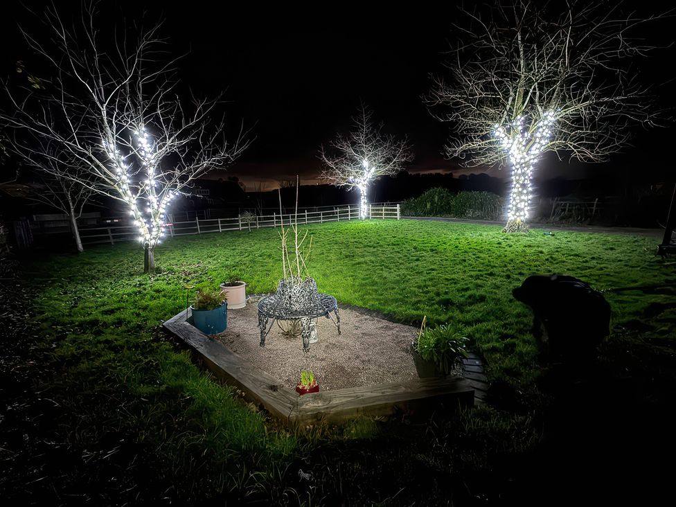 A garden with lit trees and a seated area at Gables Cottage in Market Rasen
