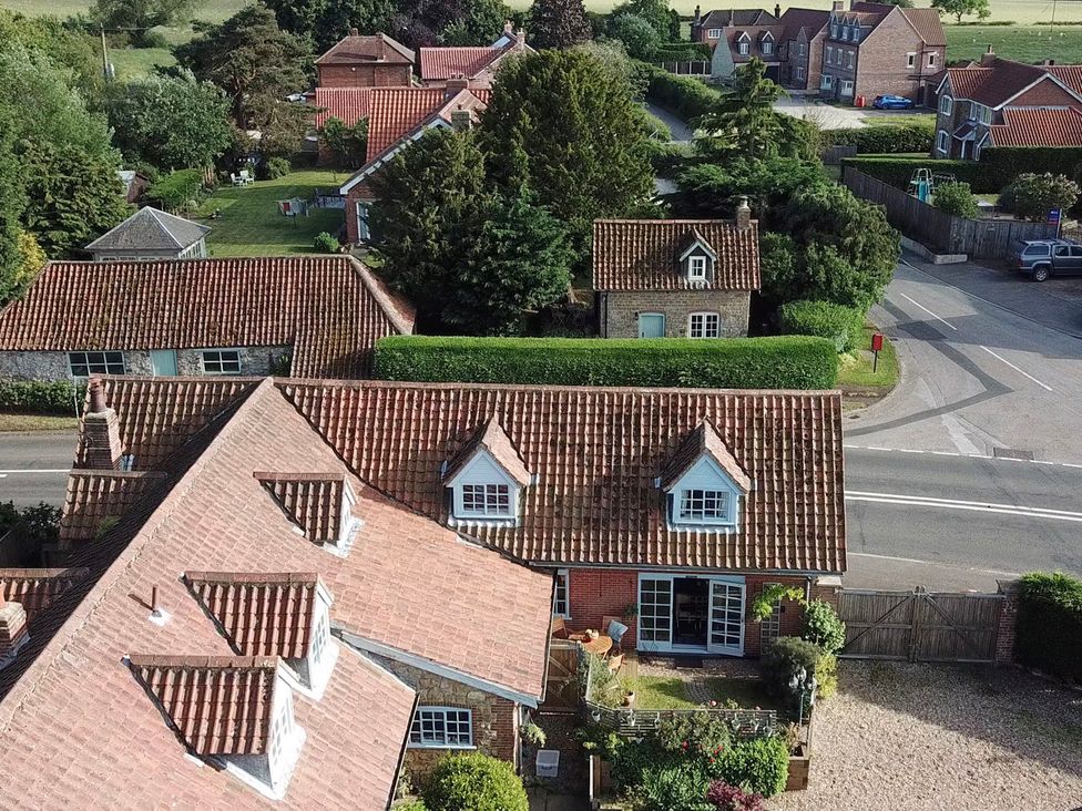 An aerial view of houses and gardens at Gables Cottage in Market Rasen