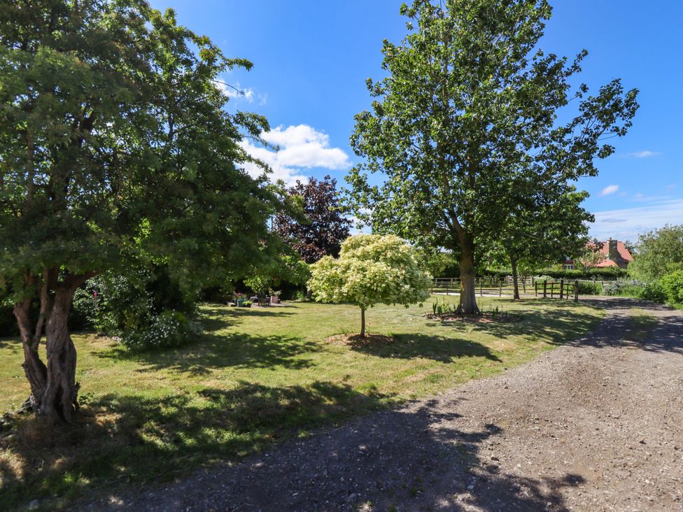 A garden with trees and a grassy area at Gables Cottage in Market Rasen