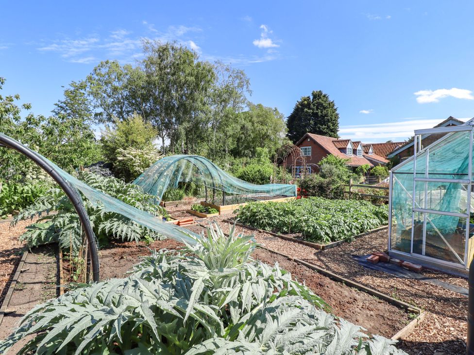 A garden with vegetable beds and a greenhouse at Gables Cottage Market Rasen