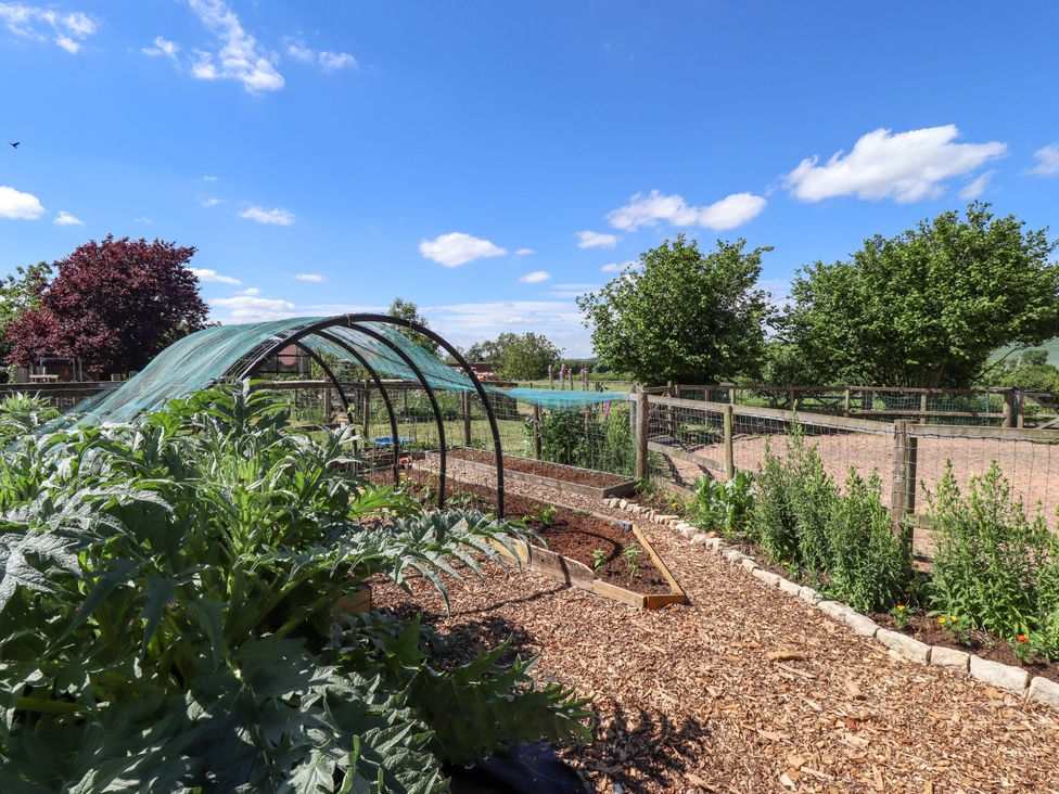 A garden with a greenhouse and trees at Gables Cottage in Market Rasen