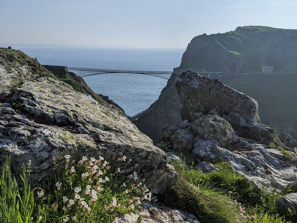 A view of a bridge over water with rocks and flowers at Smugglers Cottage near Trebarwith Strand