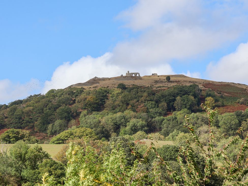 A hill with buildings at the top surrounded by trees and a blue sky at Talgais in Llangollen