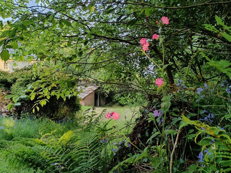 A garden with flowers and a shed at The Patio Flat in Bodmin Moor