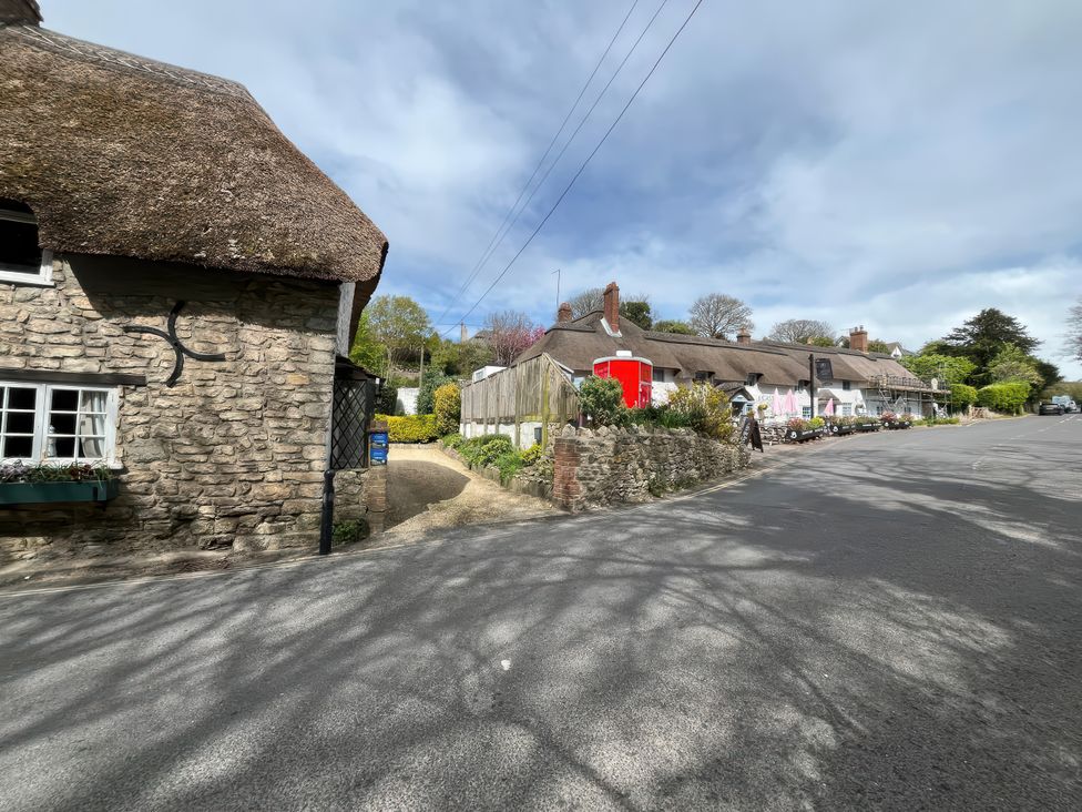 A street view with thatched roof houses and gardens at Little Ivy in West Lulworth