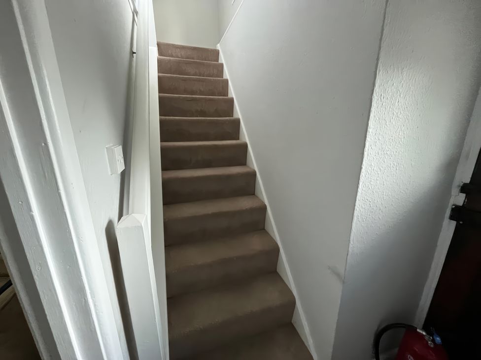 A stairway with beige carpet and a light switch at Little Ivy in West Lulworth