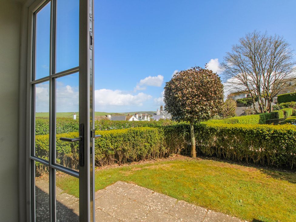 A view of a garden with a hedge and tree at 3 Combehaven in Salcombe