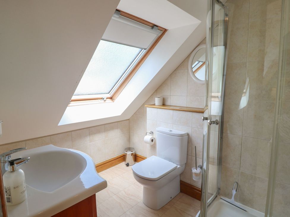 A bathroom with a shower and toilet at 6 Court Cottage, Hillfield Village Dartmouth