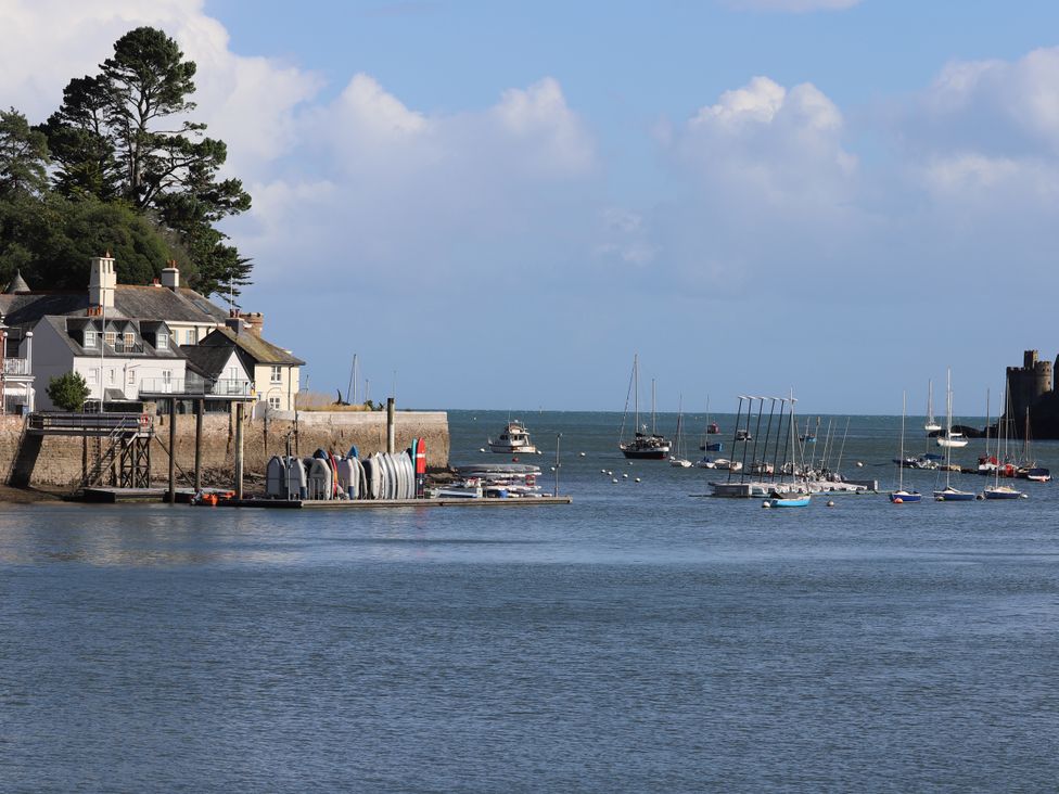 A view of boats at a pier with houses and trees at Dart Views in Dartmouth