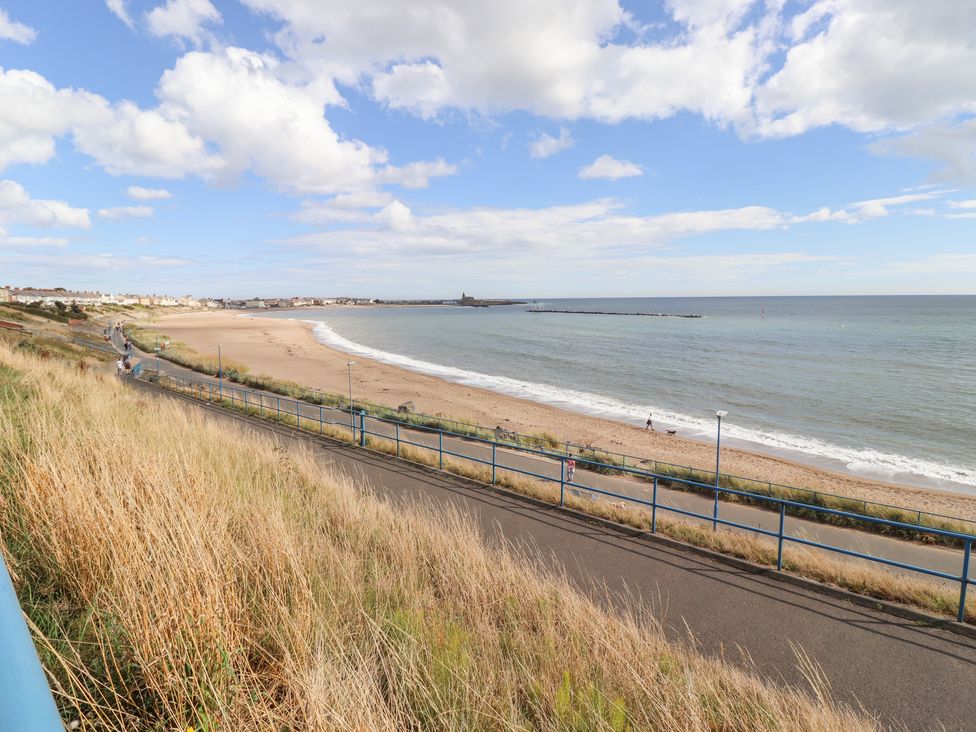 A beach view with a path and grass at Beach Cove View in Newbiggin-by-the-Sea